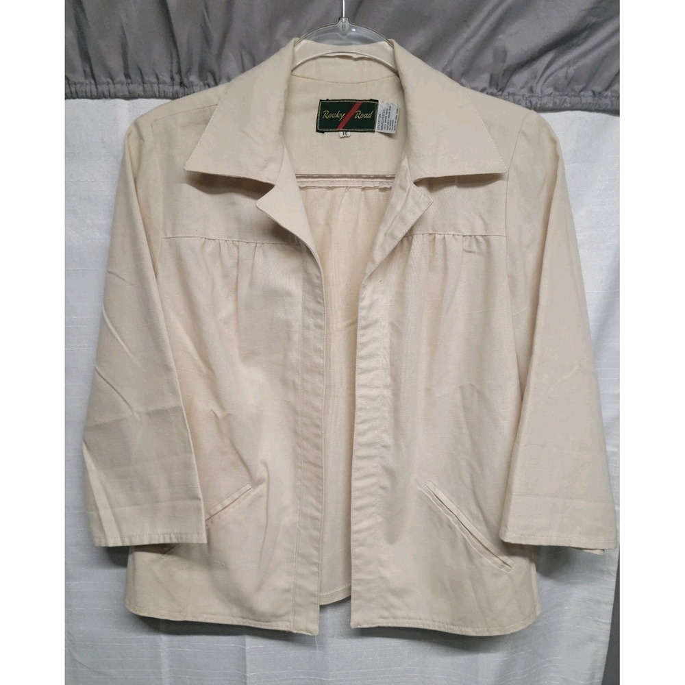Vintage 90's Rocky Road Beige Twill Crop 3/4 Sleeve Open Front Jacket Womens 10 - Picture 2 of 10